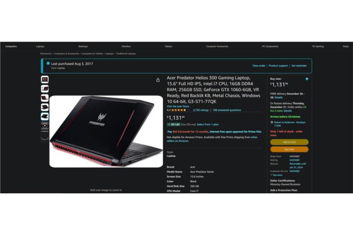 Acer Predator Helios 300 G3-571-77QK Gaming Laptop, 15.6'' Full HD, Intel  i7 CPU, 16GB RAM, 256GB SSD, GeForce GTX 1060, VR Ready, Red Backlit KB