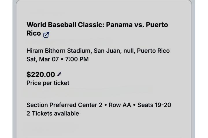 Boletos Panama vs Puerto Rico $220 C/U, Puerto Rico