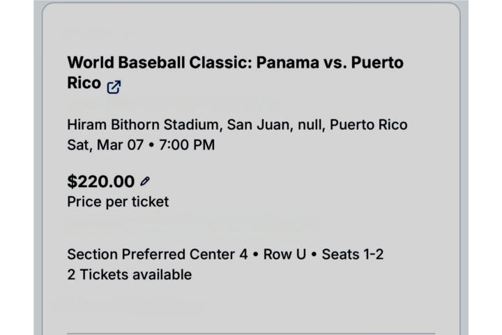 Boletos Panama vs Puerto Rico $220 C/U, Puerto Rico