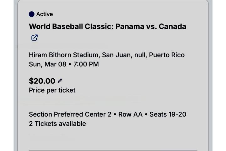 Boletos Panama vs Canada $20 C/U, Puerto Rico