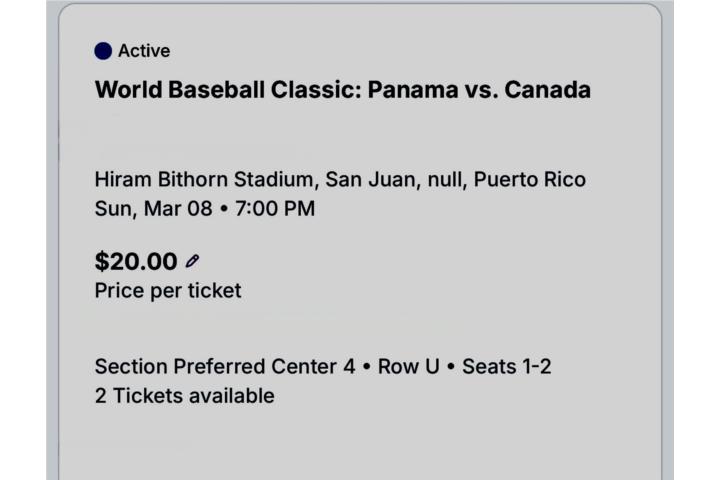 Boletos Panama vs Canada $20 C/U, Puerto Rico