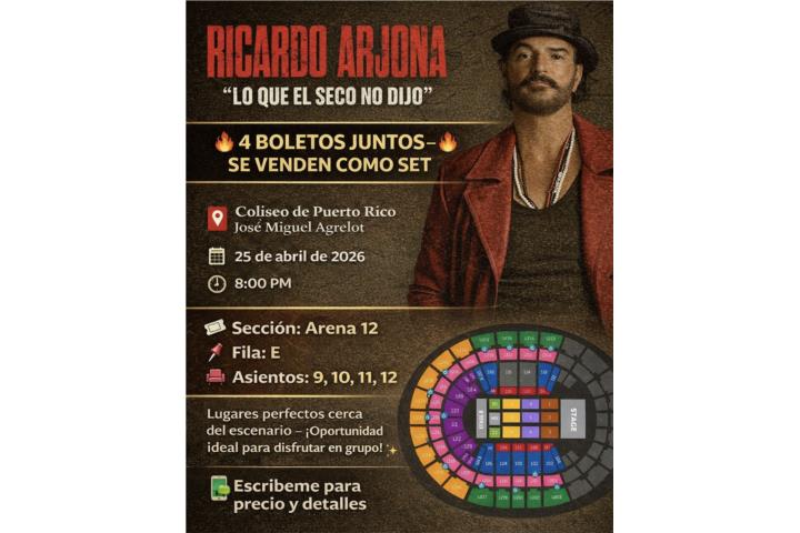 4 boletos para Ricardo Arjona, Puerto Rico