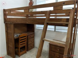 Cama twin madera, mesa de noche y escritorio 