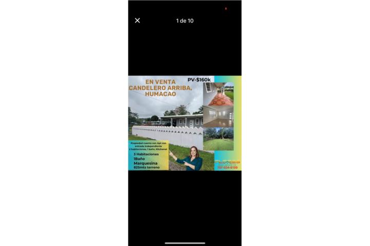 Se Vende propiedad terrera Candelero Arriba, Humacao Bello Terreno 820mts Consta: 3 habitaciones 1 b