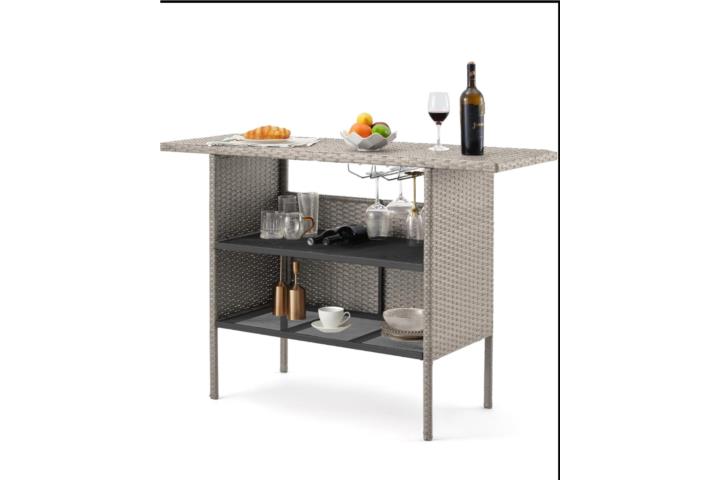Barra mesa exterior en mimbre gris