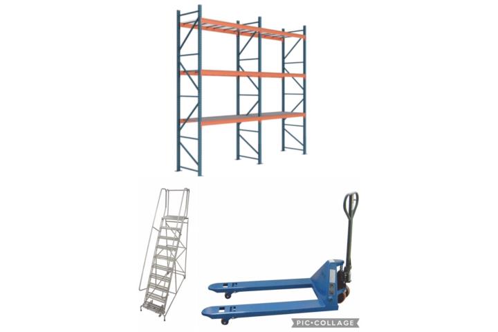Industrial Pallet Racks, Rolling Ladder and Pallet Jack Set - New - Puerto Rico